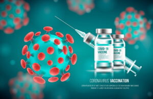 Illustration of covid virus next to vaccine bottles