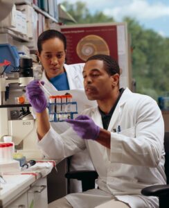 Lab technicians looking at blood samples