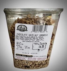 Container of granola with label showing