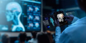 A group of medical professionals reviewing and analyzing detailed brain scans displayed on digital screens and tablets, highlighting advanced AI medical imaging technology.