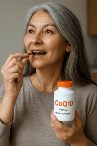 Senior woman taking CoQ10 pill
